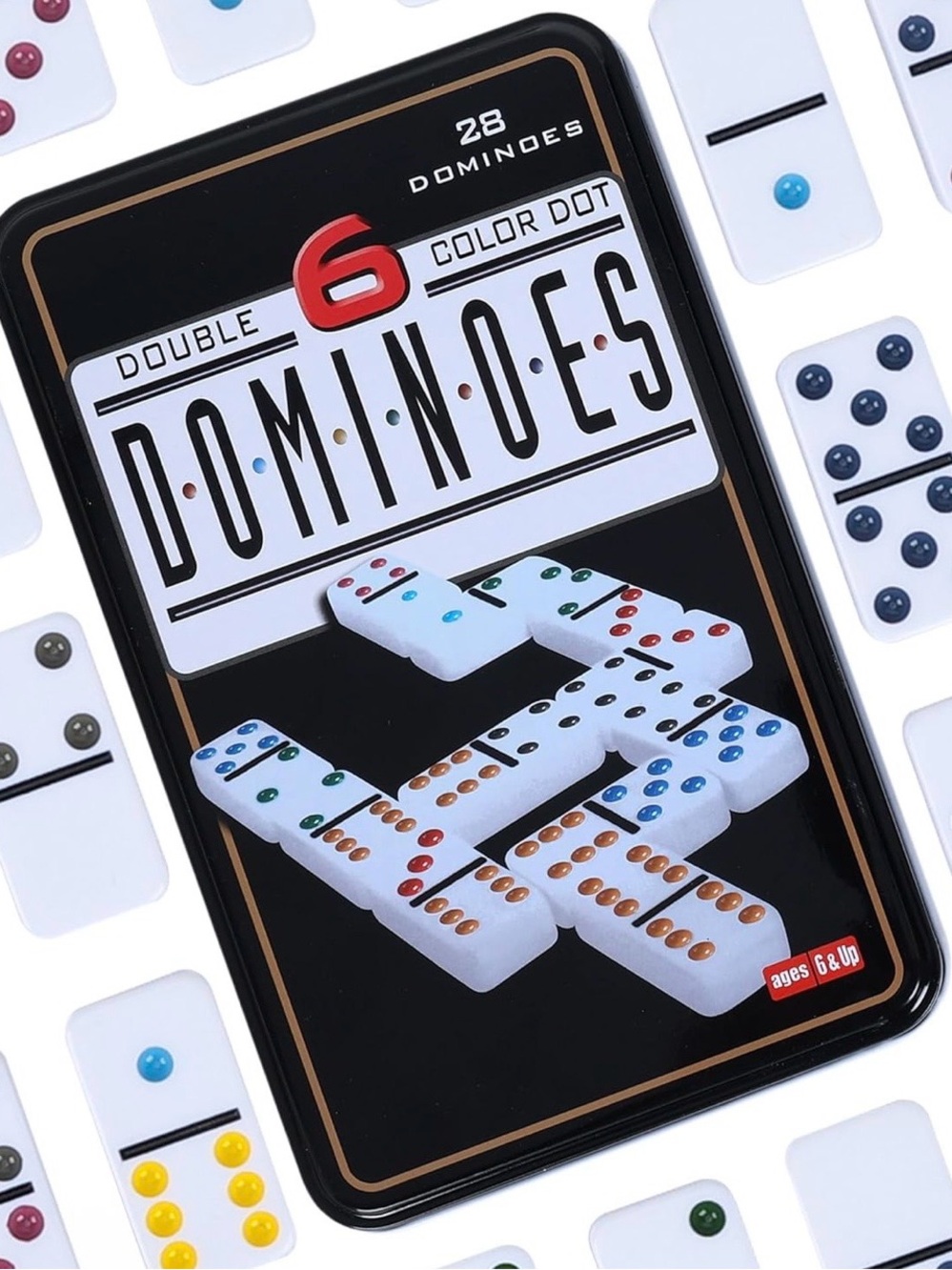 Double 6 Color Dot Dominoes Tin Game - White Dominoes with Multicolor Dots